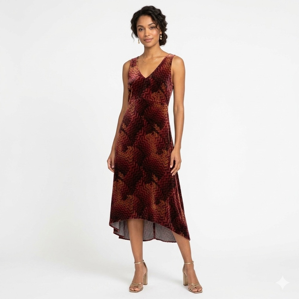 Johnny Was Burgundy and Black Velvet Burnout High-Low Dress